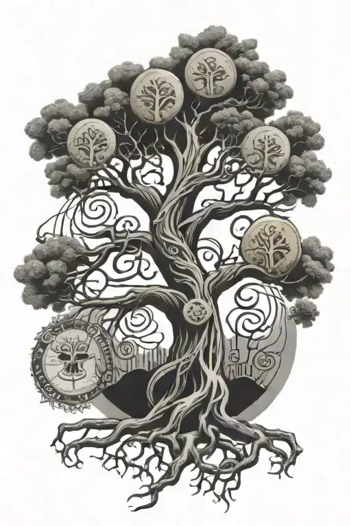 Tree Of Life With Money Symbols In The Roots With The Word Evil Spelled Out In The Branches