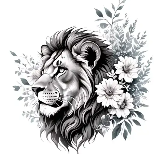 Feminine Lion Head Surrounded By Flowers And Plants