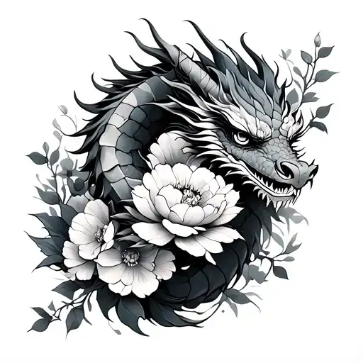 Dragon With Peony Hawthorn Cherry Blossom And Poppies