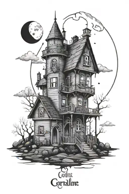 The Coraline House With The Moon Covered By The Cloudy Hands Presented As The Tower Tarot
