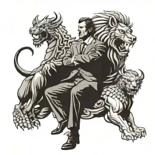 A Businessman With A Lion And Dragon As His Guardians