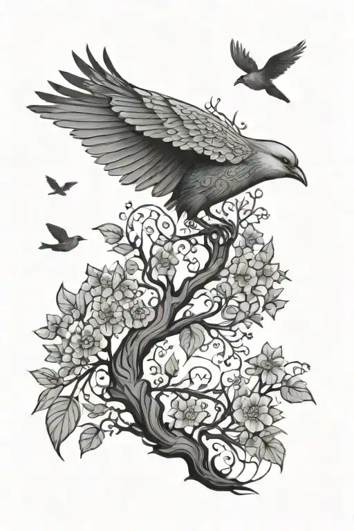 Tree Ornament Sleeve With Birds Patterns And Sky In Slavic Style