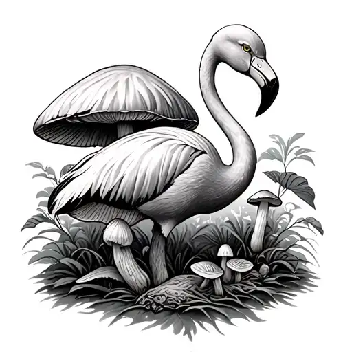 Flamingo And Mushrooms