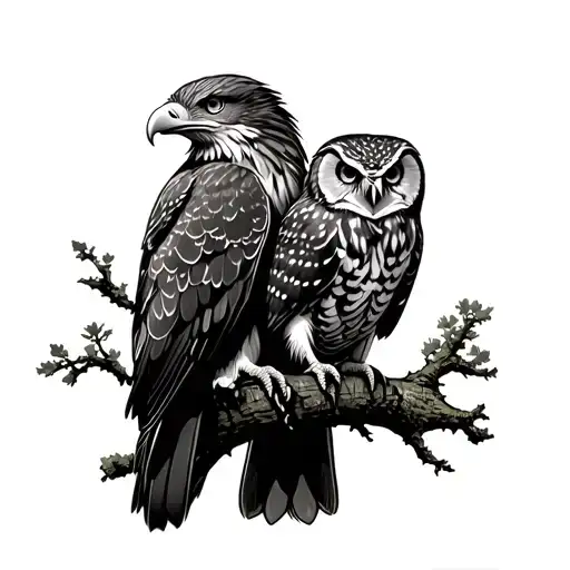 Eagle And Owl Perched On A Tree Branch