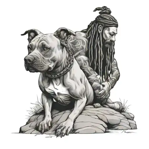 Pitbull Dog And Person With Dreadlocks Doing Yoga On A Mountain