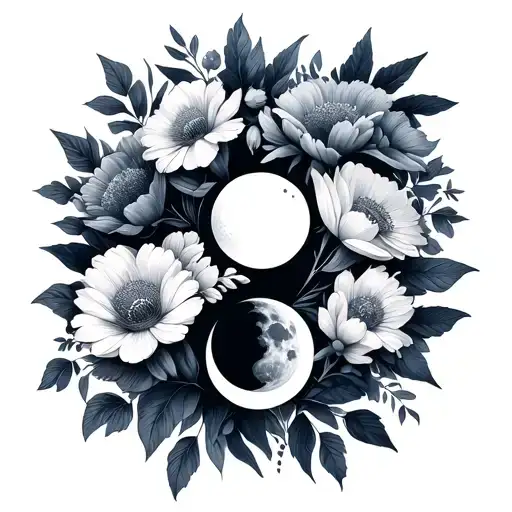 Fine Line Birth Flowers With Moon Phases