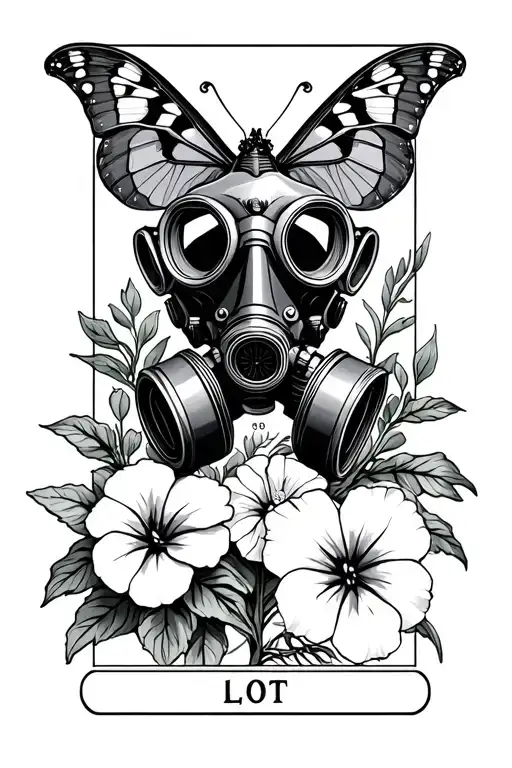 Gas Mask With Petunias And A Atlas Moth And Death Moth In The Form Of A Tarot Card