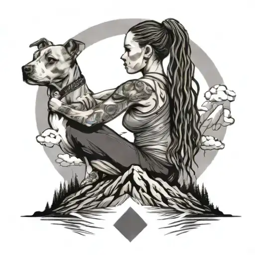Pitbull Dog And Woman With Dreadlocks Doing Yoga On A Mountain