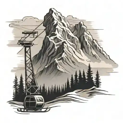 A Black-grey Tattoo Of A Ski Lift Ascending A Mountain Peak With A Ship Silhouette In The Distance