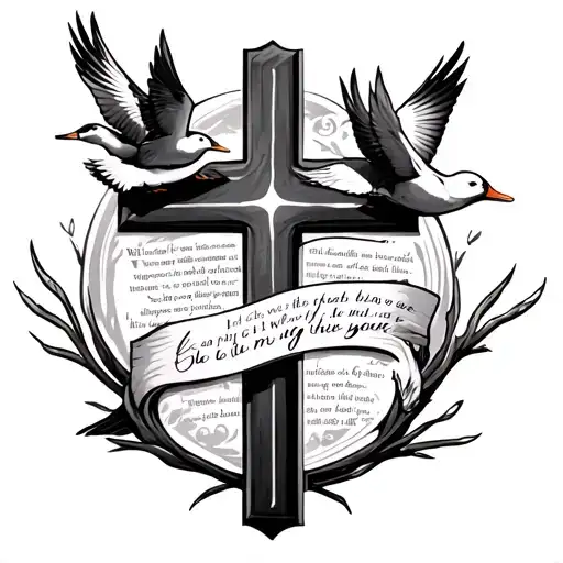 Cross Tattoo With Ducks Flying Around It With A Bible Verse