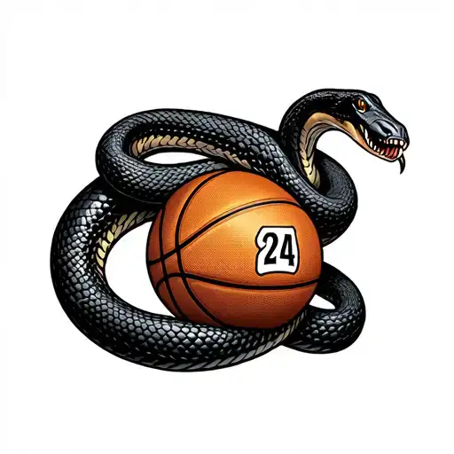 Black Mamba Wrapped Around Kobe Bryant Logo With A Number 24 Basketabll In Its Mouth