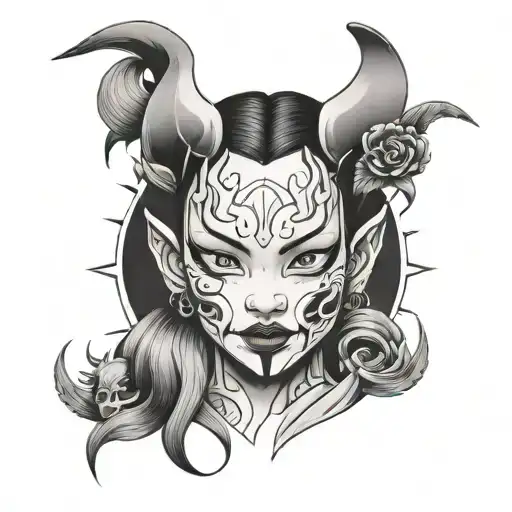 Cute Girl Wearing Broken Hannya Mask Split In Half