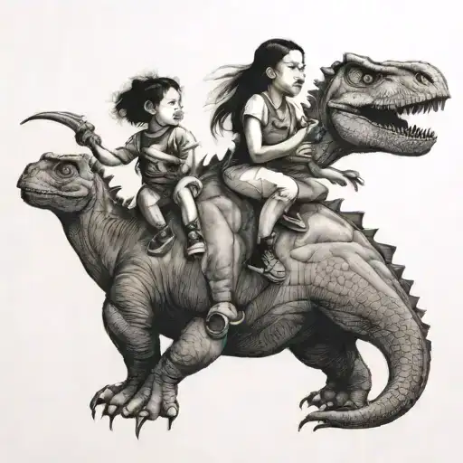 A Portrait-style Tattoo Of The Client's Daughter Sia And Son Sam Riding On The Back Of A Dinosaur