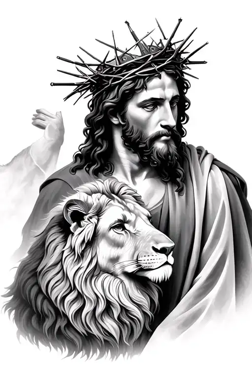 Jesus With Crown Of Thorns On Head Surrounded By The Lion And The Lamb