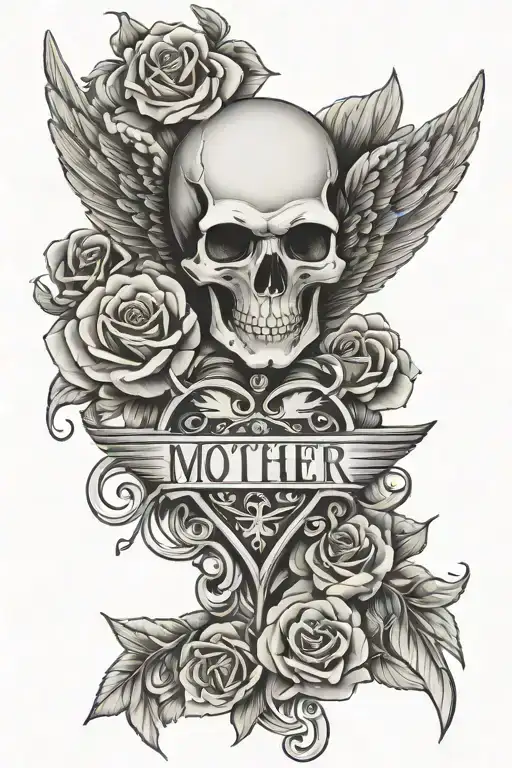 Angel Wings And Halo Cross Skull Roses Intertwined With Heart And Banner Saying Mother