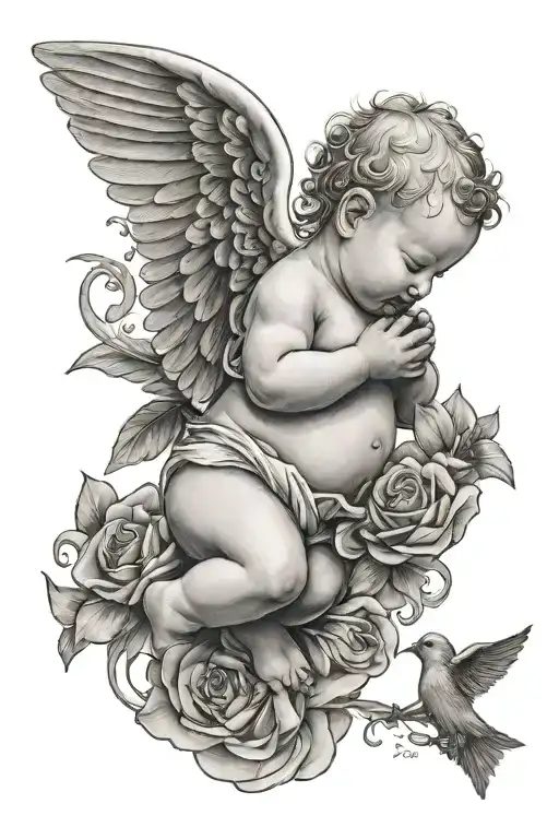 Baby Angle With A Dove Flying Around