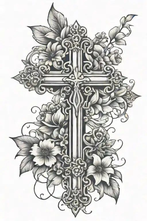 Small Cross With Flowers Wrapped Around It That Flow Down In A Line