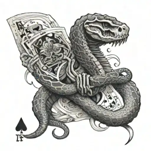 Rattlesnake Wrapped Around Skeleton Hand Holding Cards