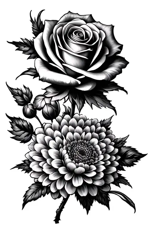 Prominent Rose With Accent Chrysanthemums With Dotilism And Mandala Features
