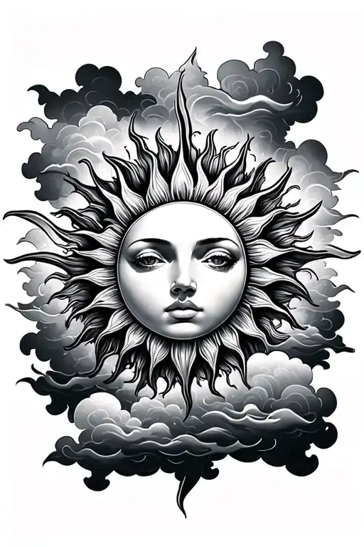 Realistic Sun With Sunrays And Clouds