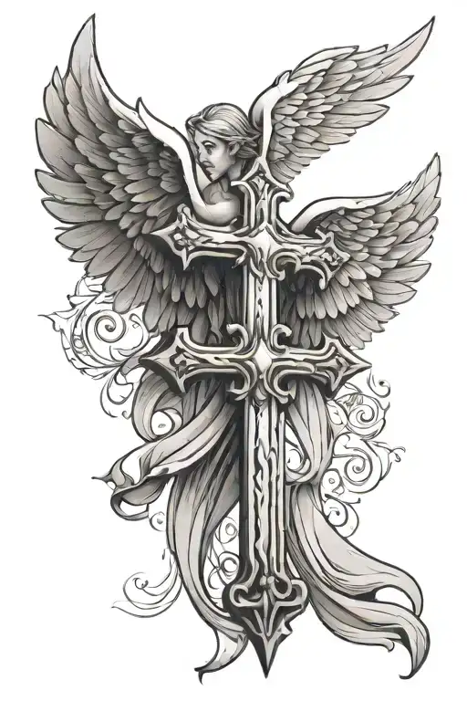 Cross With Angel Wings And A Scroll Wrapped