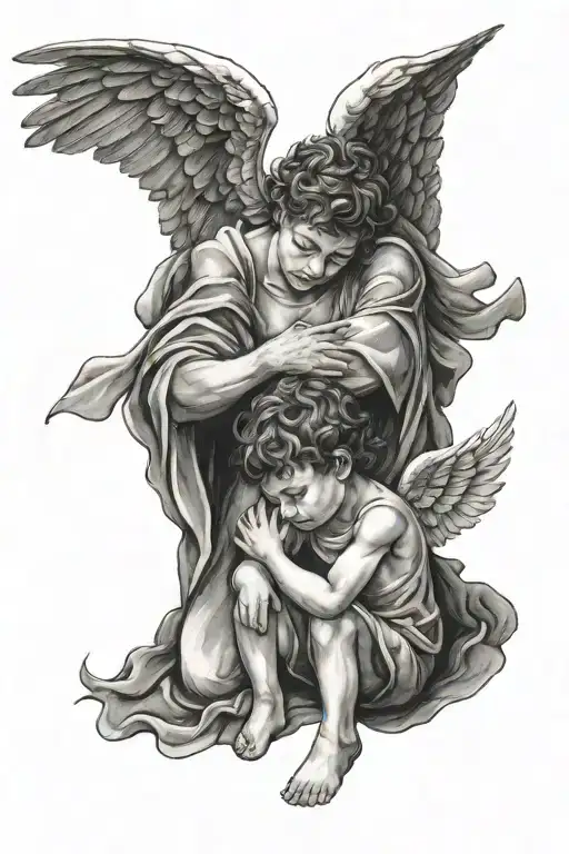 Angel Protecting Boy Sitting Crying