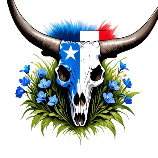 Longhorn Skull Painted The Flag Of Texas With Blue Bonnets Growing In And Around It