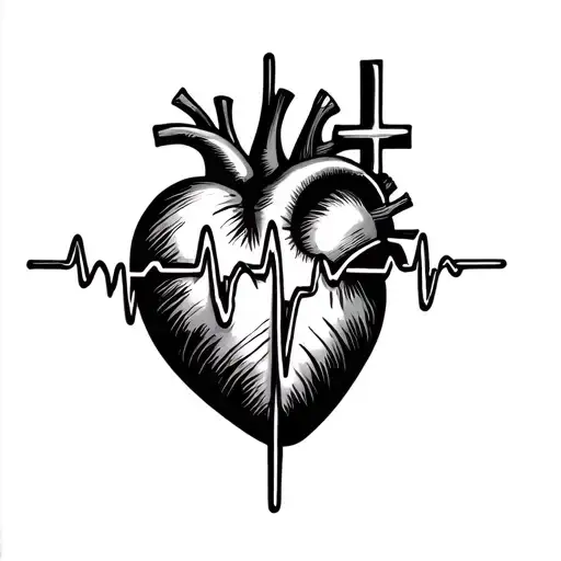 A Simple Heart With A Electrocardiogram Reading And A Cross In Black And White