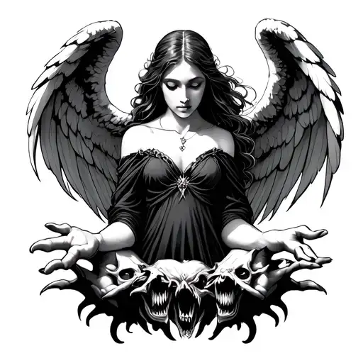 Angel Girl With Open Hands From Below Demons