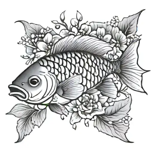 Fine Line Tattoo Coi Fish Flowers