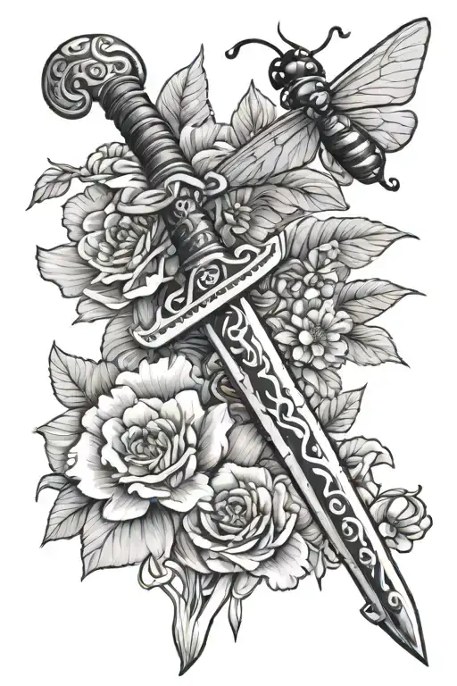 Sword With Marigolds And A Ladybug Sitting On Top
