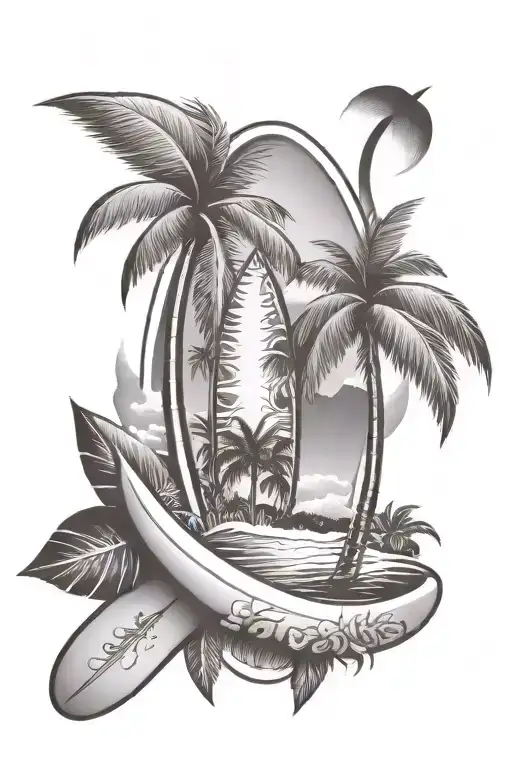 Ohana With A Surfboard Beneath And A Palm Tree Next To It