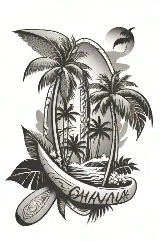Ohana With A Surfboard Beneath And A Palm Tree Next To It