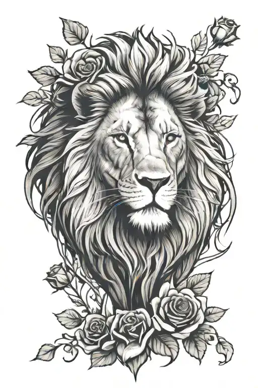 Lion With Forest Landscape With A Rose Above It