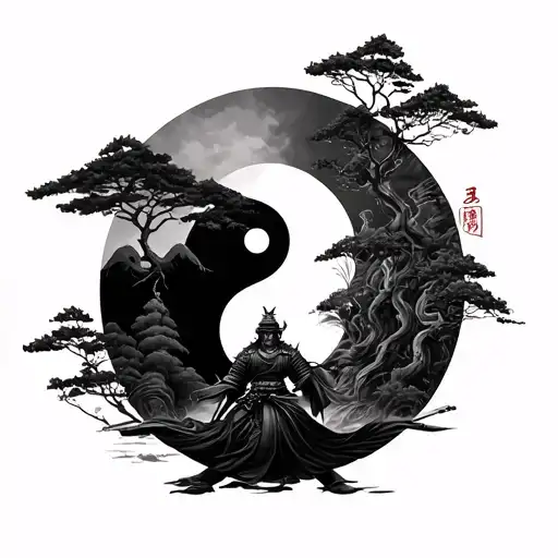 Ying Yang Peace With Nature And Samurai Warrior