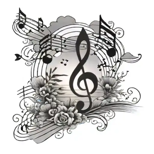 A Tattoo Of A Romantic Sunset With Music Notes Floating In The Sky