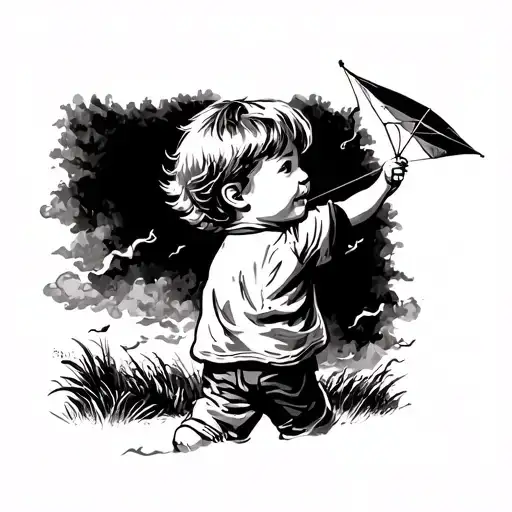 Little Boy Holding A Kite With String And Tail Blowing In Wind