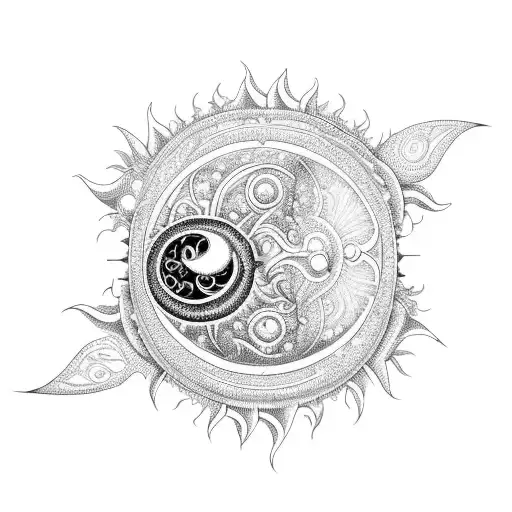 An Intricate Design Of A Sun And Moon Entwined With Delicate Vines And Flowers