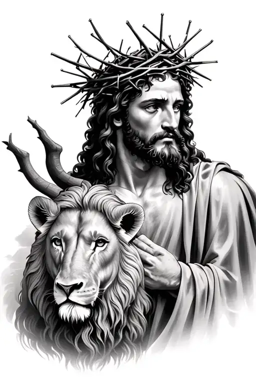 Jesus With Crown Of Thorns On Head Surrounded By The Lion And The Lamb