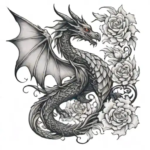 A Graceful Dragon With Flowing Wings And Floral Accents