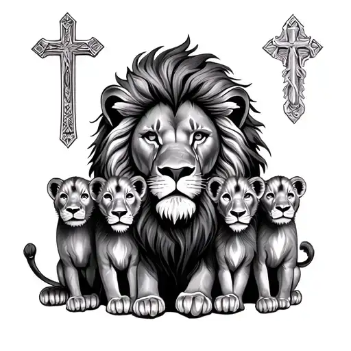 Male Lion Three Cubs And Cross