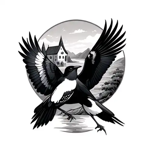 Two Magpies Flying With A Valley And Medieval House In The Background