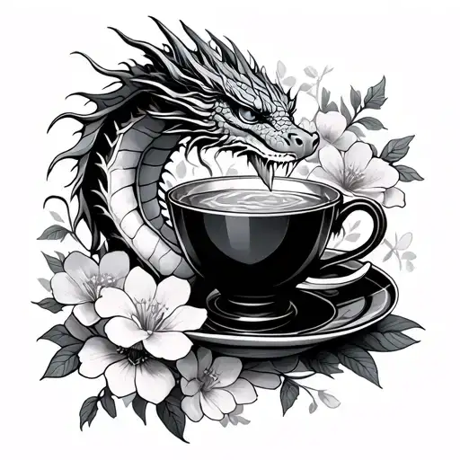Dragon And Tea Cup Surrounded By Blooming Flowers