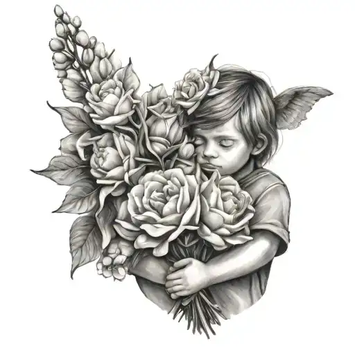 A Detailed Black And Grey Tattoo Of A Child Holding A Bouquet Of Their Favorite Flowers
