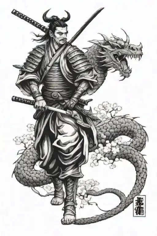 A Samurai With A Dragon And A Sakura Tree