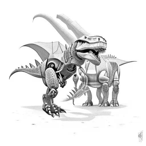 Robot Fighting A Dinosaur