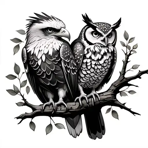 Eagle And Owl Perched On A Tree Branch With Leaves