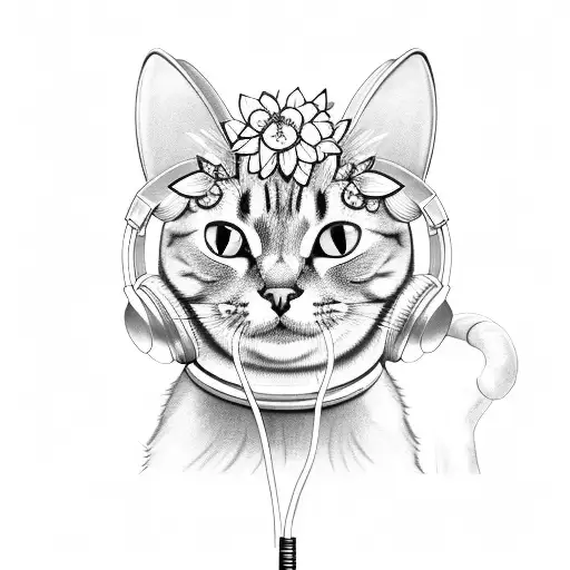 A Black-grey Tattoo Of A Cat Wearing Headphones And Surrounded By Musical Notes And Flowers