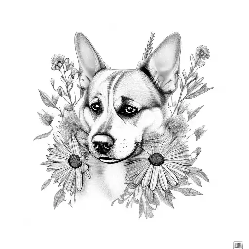 A Realistic Portrait Of A Dog Surrounded By Wildflowers And Hummingbirds