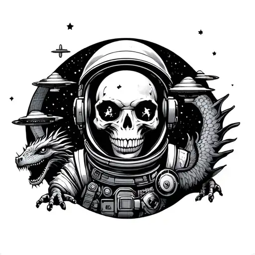 Astronaut With Skull Face Inside Helmet And With Moon And Stars Ufos And A Dragon